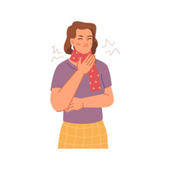 Coughing woman in scarf, sick flu cold symptoms, flat cartoon person feeling unwell. Female with sore throat and headache. Character having cold, seasonal flu, high temperature, virus influenza
