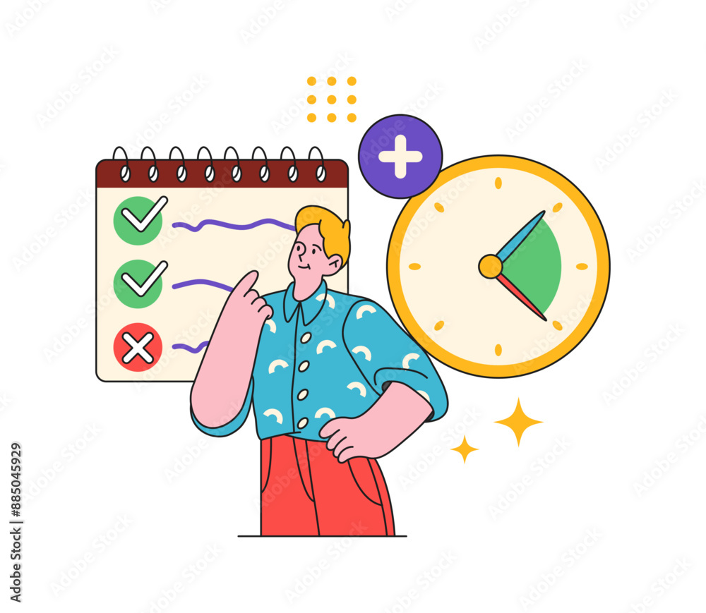 Aufkleber work efficiency and productivity tools. vector flat cartoon character, employee man with calendar of
