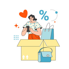 Shopping online, delivery and shipment of orders to home. Vector flat cartoon character with phone buying products, accessories and gifts with discounted price and reduced cost