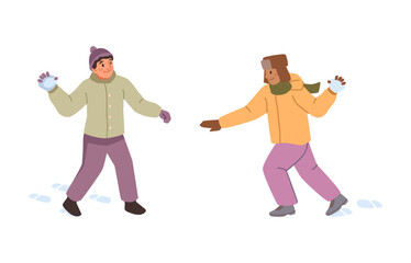 Children at snowball fight on winter holidays, people fun activities outside. Kids having fun and throwing snow balls, playing wintertime game. Flat vector illustration of happy kids
