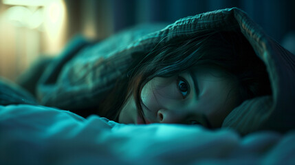 Young Girl Lying in Bed Covering Her Face with a Blanket: