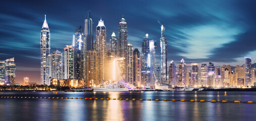 Naklejka premium Marina in Dubai from Palm Jumeriah at night, UAE
