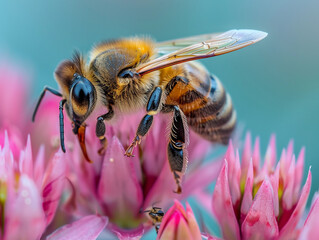Fototapeta premium Honey Bee Collecting Pollen From a Pink Flower