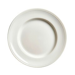 A plain white ceramic dinner plate with a raised rim, isolated on a black background.