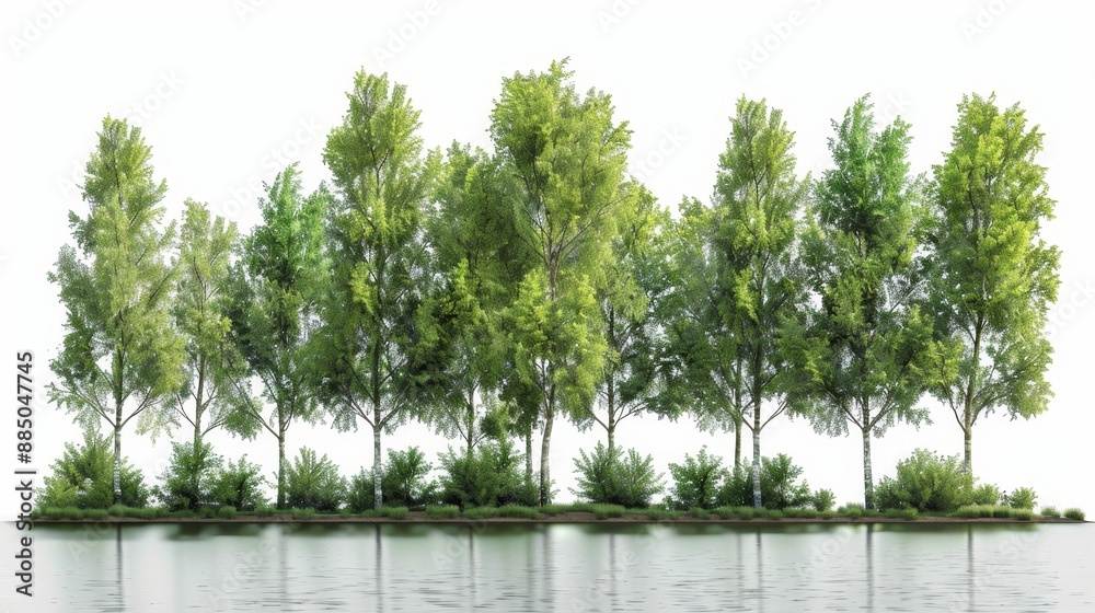 Aufkleber during the summer, an isolated row of trees and shrubs is covered in foliage.