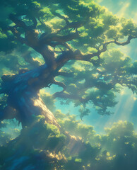 Fototapeta premium majestic ancient tree with sprawling branches bathed in golden sunlight filtering through the dense foliage creating a serene and awe-inspiring view