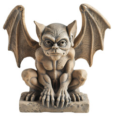 A stone gargoyle statue with wings spread wide, perched atop a stone base. The gargoyle has a menacing expression and sharp claws.