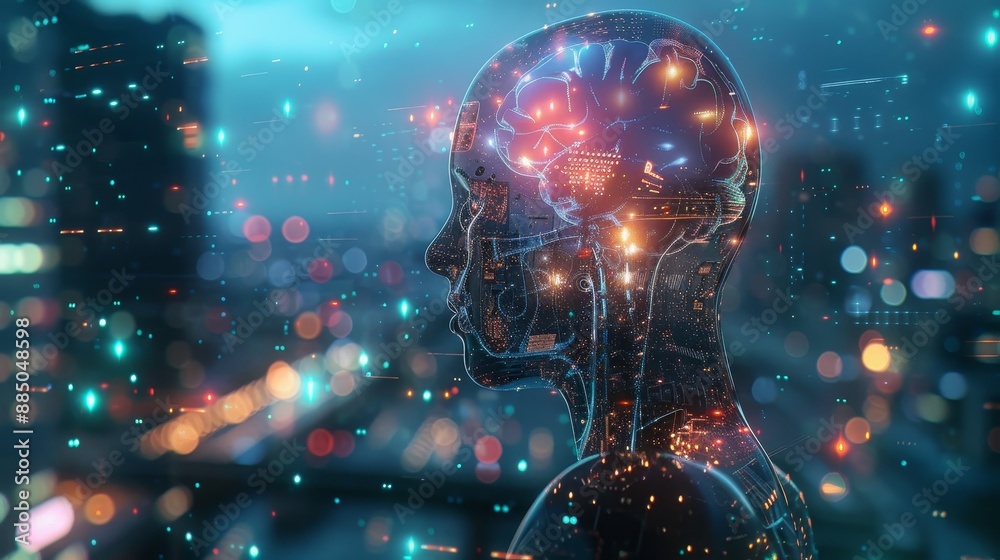 Poster objects inside a light bulb that represent a human brain. aai technology, artificial mind, brain cog