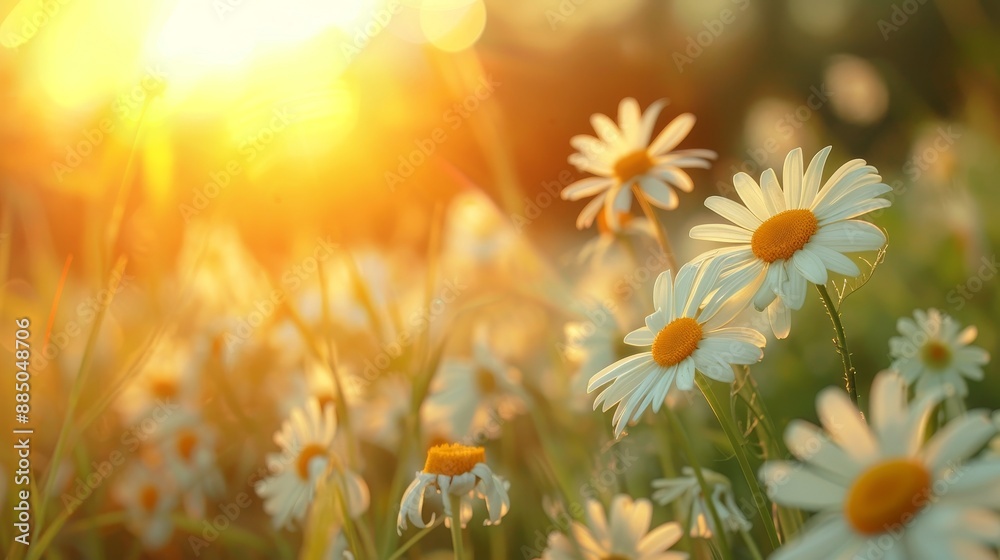 Poster An image of daisies in a green meadow with a blurred background and a shallow depth of field taken in the spring sun. Close-up horizontally.