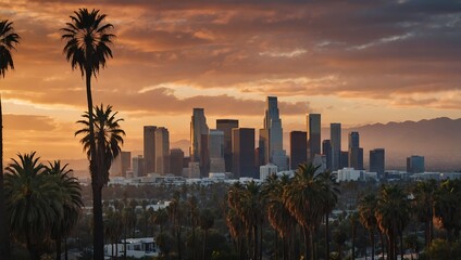 Los Angeles downtown skyline at sunset, framed by palm trees in the foreground