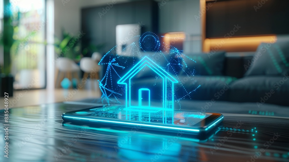 Poster Smart phones and voice commands control home devices using Internet of Things. Smartphone logo stands on IoT icons.