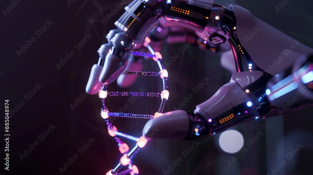 Fototapete Hands of robots and humans touch DNA as if in a virtual interface about science, technology, and the future.
