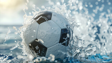Naklejka premium The combination of the soccer ball and the swirling water particles creates a striking visual that emphasizes the sport's dynamism and excitement.
