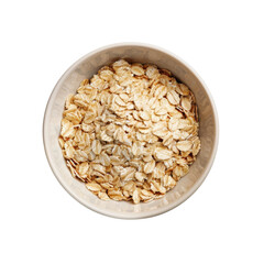 Close up overhead view of a bowl of raw rolled oats.