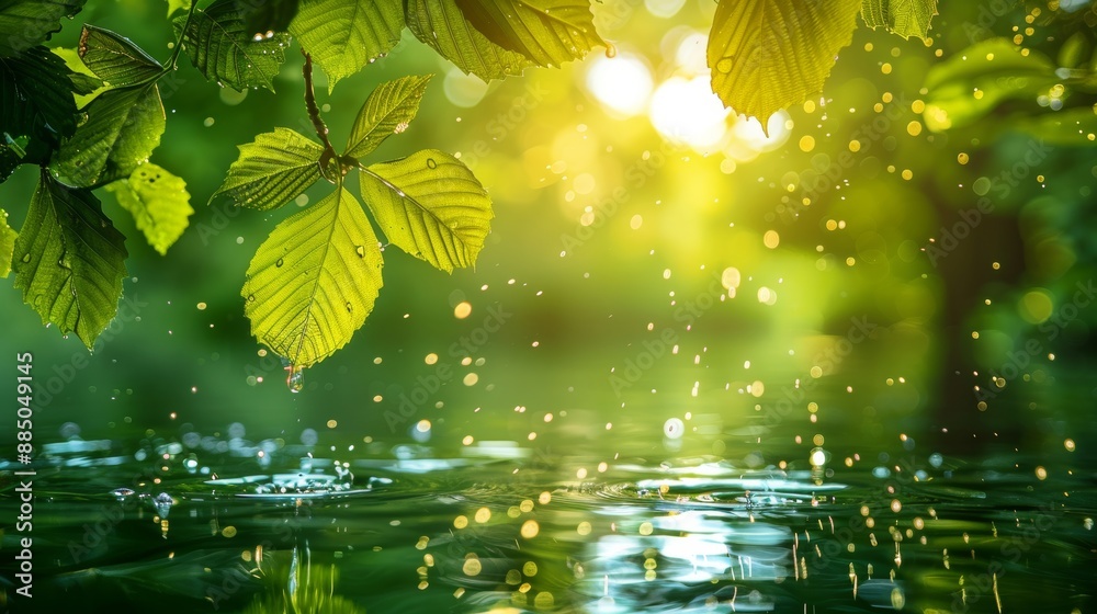 Poster This abstract blurred transparent green colored clear calm water surface texture features splashes and bubbles. On a swimming pool surface, green ripples appear.
