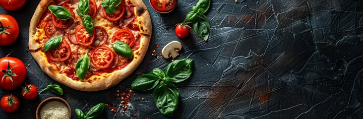 Colorful juicy tasty homemade pizza with vegetables, spicy spices and herbs on a dark background, top view perfect for home food recipe sites and food delivery app ads