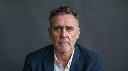 Obraz premium Contemplative Middle-Aged Man in Stylish Navy Blue Blazer on Gray Background