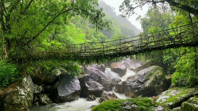 Single Living roots bridge in nongriat village in cherrapunjee meghalaya India. This bridge is formed by training tree roots over years to knit together.