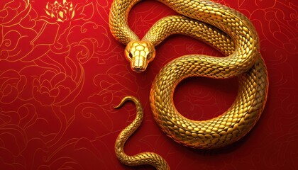 Golden Snake on Red Background With Chinese Floral Pattern