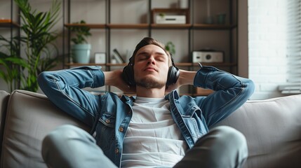 Obraz premium Young Man Relaxing on a Couch While Listening to Music With Headphones