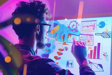 A marketer passionately crafting a digital advertisement enriched with captivating motion graphics, demonstrating creativity and expertise in online advertising and digital marketing.