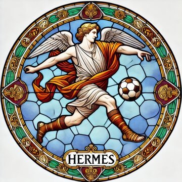 Vibrant Stained Glass Artwork Depicting the Greek God Hermes in a Soccer Pose