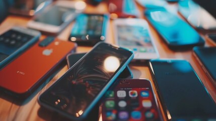 Assorted mobile phones in a pile on a table with diverse models in the background