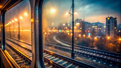 Fototapeta premium Blurred urban landscape reflected in misty train window, foggy evening atmosphere, rails and city lights blur into warm nostalgic ambiance.