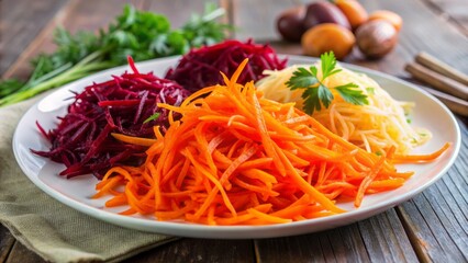 Freshly grated orange carrots and red beets are artfully arranged on a pristine white plate, symbolizing healthy vegetarian cuisine.