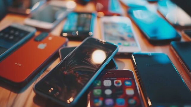 Assorted mobile phones in a pile on a table with diverse models in the background