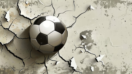 The ball is partially embedded in the wall, with debris and cracks radiating outward, creating a sense of explosive action.