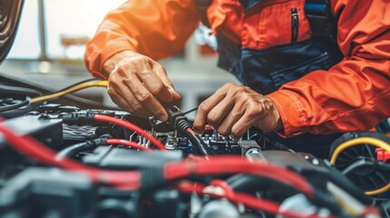 Skilled technician repairing electric car battery in professional auto service center