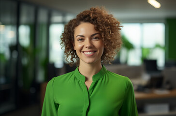 Fototapeta premium Young Professional Woman In Green Shirt Standing Confidently In Modern Office And Smiling