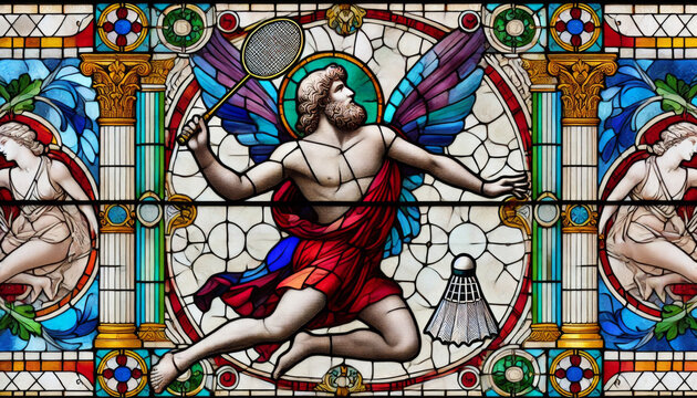 Vibrant Stained Glass Greek Deity Competing in Badminton Match with Intricate Details and Ornate Design