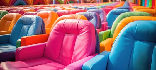 Fototapeta premium Vibrant Seats of Tilt-A-Whirl Ride: Inviting Hues for Thrilling Adventures