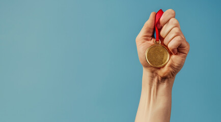 An hand holding a gold medal 