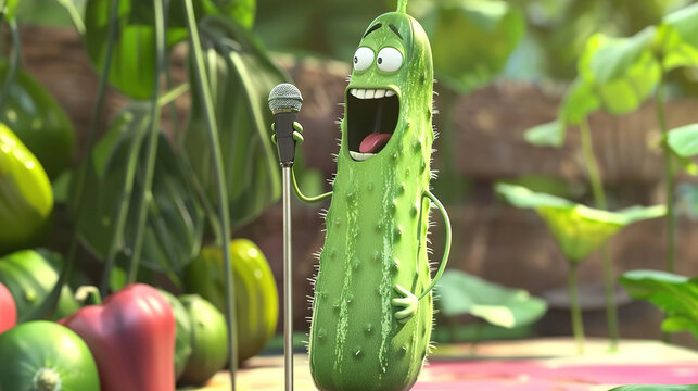 Whimsical Concept: Cucumber Singing into a Microphone