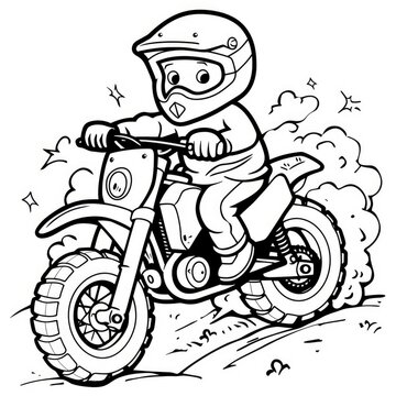 recommend clip art: An off-road racing motorbike vehicle cartoon, in black and white, perfect for a thrilling coloring page