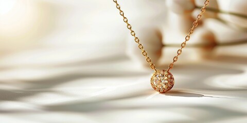 Premium advertisement featuring a single exquisitely designed gold necklace on a white background, perfect for luxury jewelry promotions,
