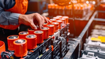 Fototapeta premium Auto mechanic technician repairing electric car battery in service center workshop
