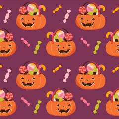 cute pumpkin with sweets background. Cute pumpkin seamless pattern on dark background
