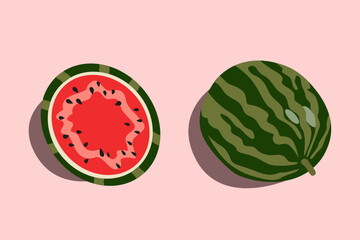 World watermelon day. Summer juicy fruit. Wallpaper with a ripe summer watermelon on a soft pink background. Watermelon whole and cut in half vector illustration 