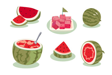 Summertime illustration. Watermelon day. Vector flat summer exotic fruit. Icon set of juicy watermelon cut in half, diced, sliced, watermelon ice cream on a white background