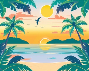 Fototapeta premium Tropical Beach Sunset Illustration with Palm Trees, Birds, and Ocean View