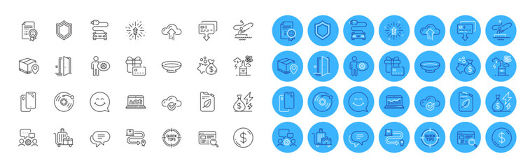 Door, Dish and Gift card line icons pack. Car charge, Card, Canister web icon. Smartphone, Cogwheel, Smile face pictogram. Cloud computing, Smile, Engineering team. Delivery service. Vector