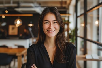 Obraz premium A young, beautiful brunette woman stands in a modern office, smiling happily as she looks directly at the camera, exuding confidence and professionalism.