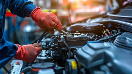 Professional mechanic s hands fixing electric battery in automotive repair workshop