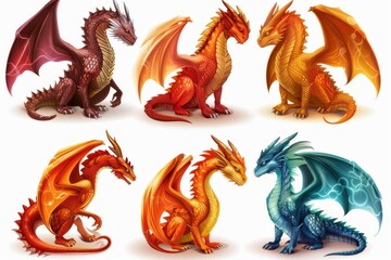 Dragons icon set, dino symbols, 3d realistic dinosaurs isolated, monster animals