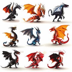 Dragons icon set, dino symbols, 3d realistic dinosaurs isolated, monster animals
