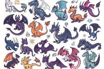 Obraz premium Funny dragons doodle set, cartoon dino, graphic dinosaurs isolated, monster animals